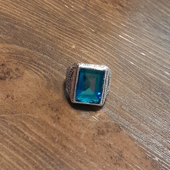 Tribal Silver Plated Aquamarine Rhinestone Ring Size 7 - Picture 2 of 3